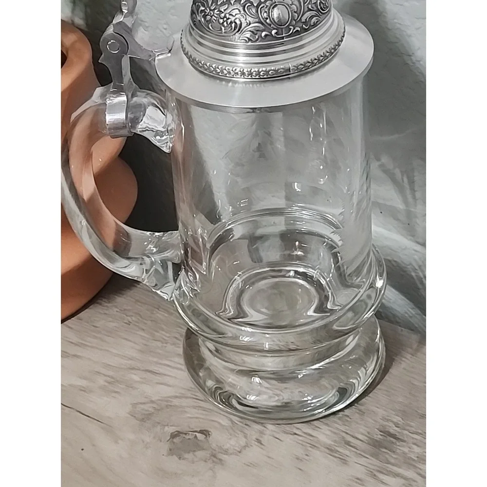 Vtg  Etched Crystal German Beer Mug Tankard Stein Glass Pheasant Pewter Lid 6.5